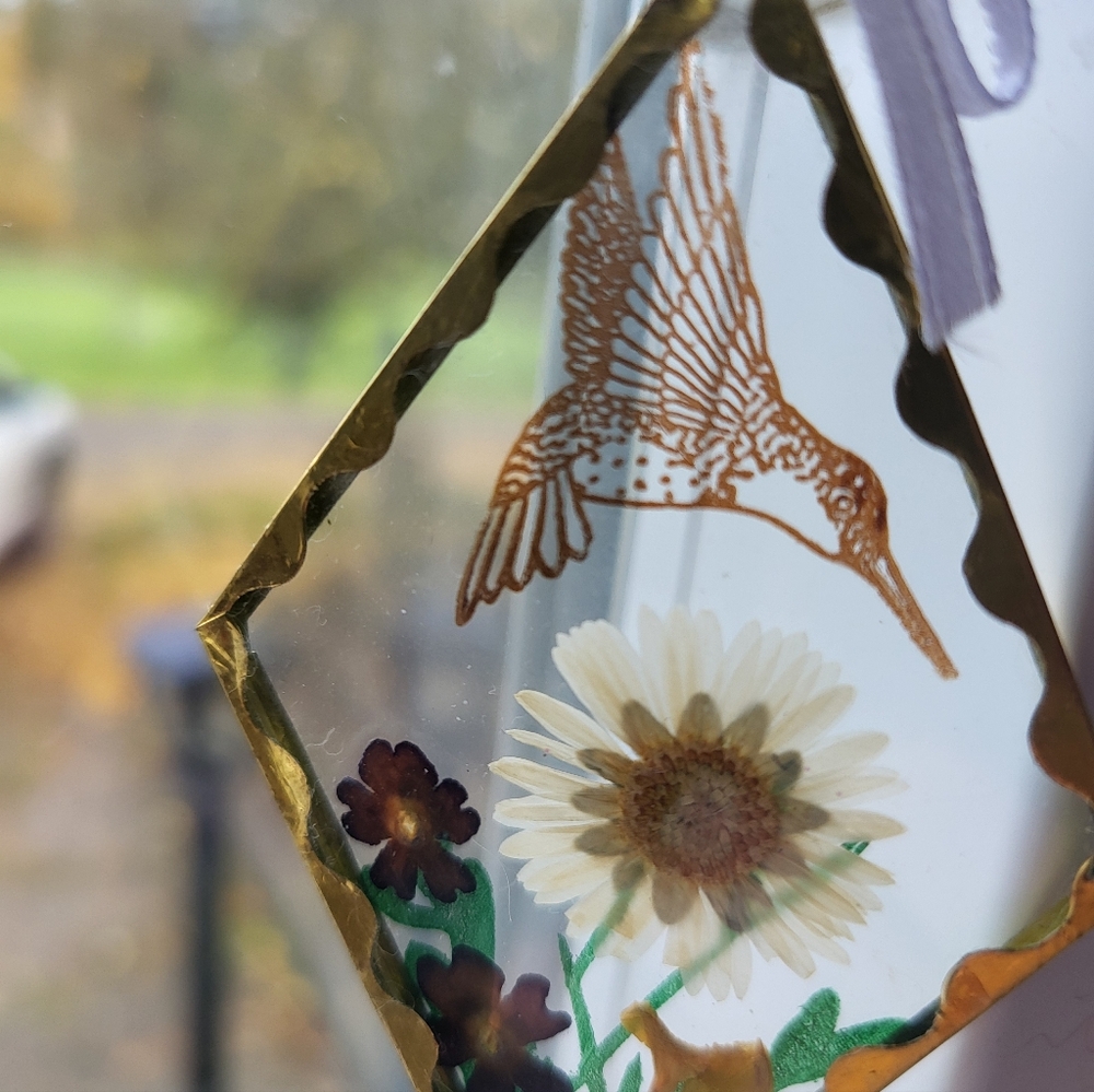Vintage Hummingbird and Floral Glass Ornament